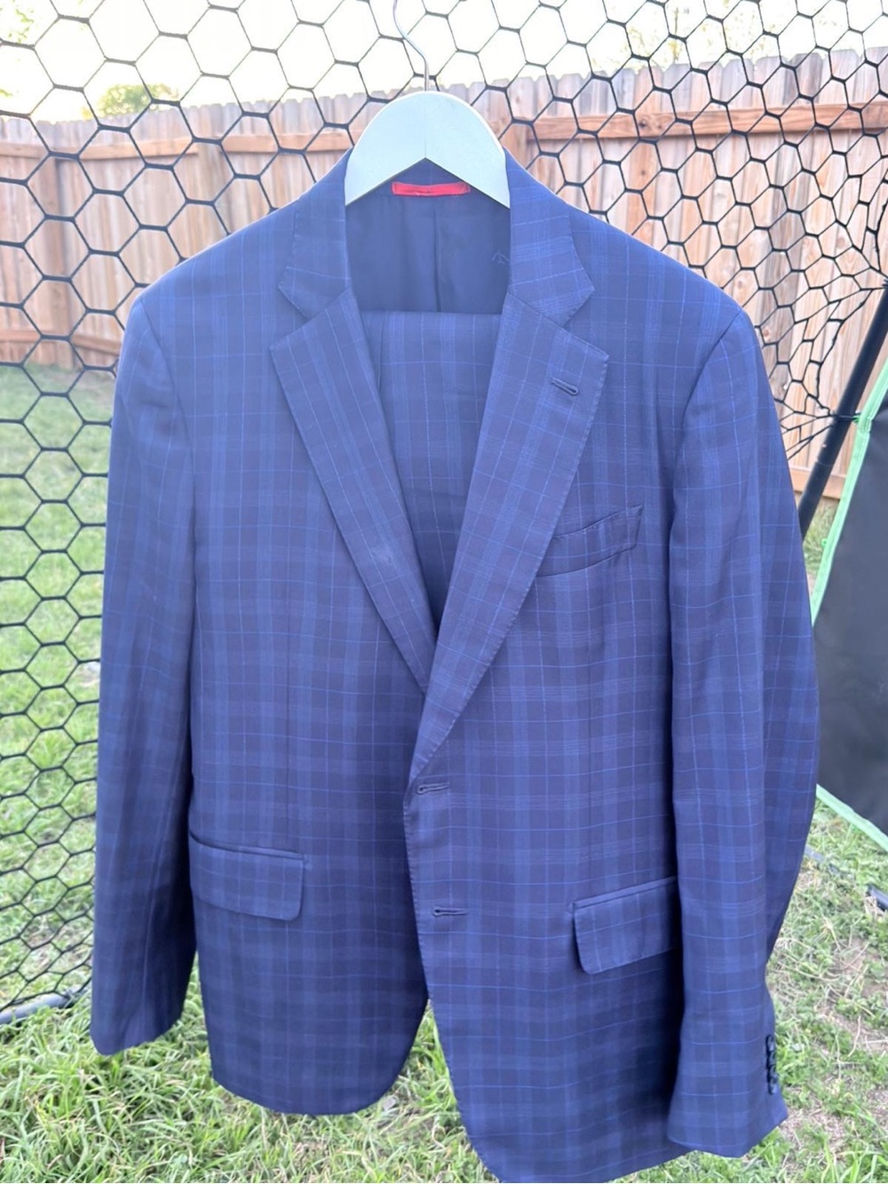 Isaia Navy Plaid Blazer with Red Interior Accents